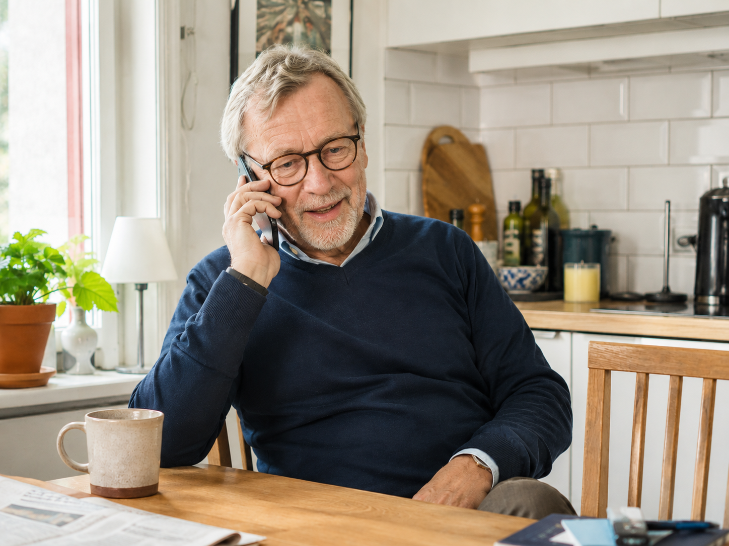 Person som har ett personligt telefonsamtal hemma.