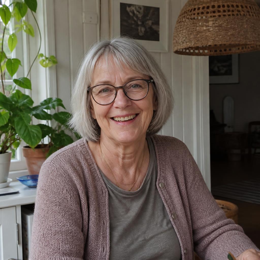 Kvinna i 60-årsåldern som ler hemma vid fönstret.