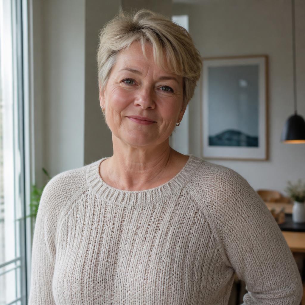 Kvinna i 50-årsåldern hemma i ett ljust rum.