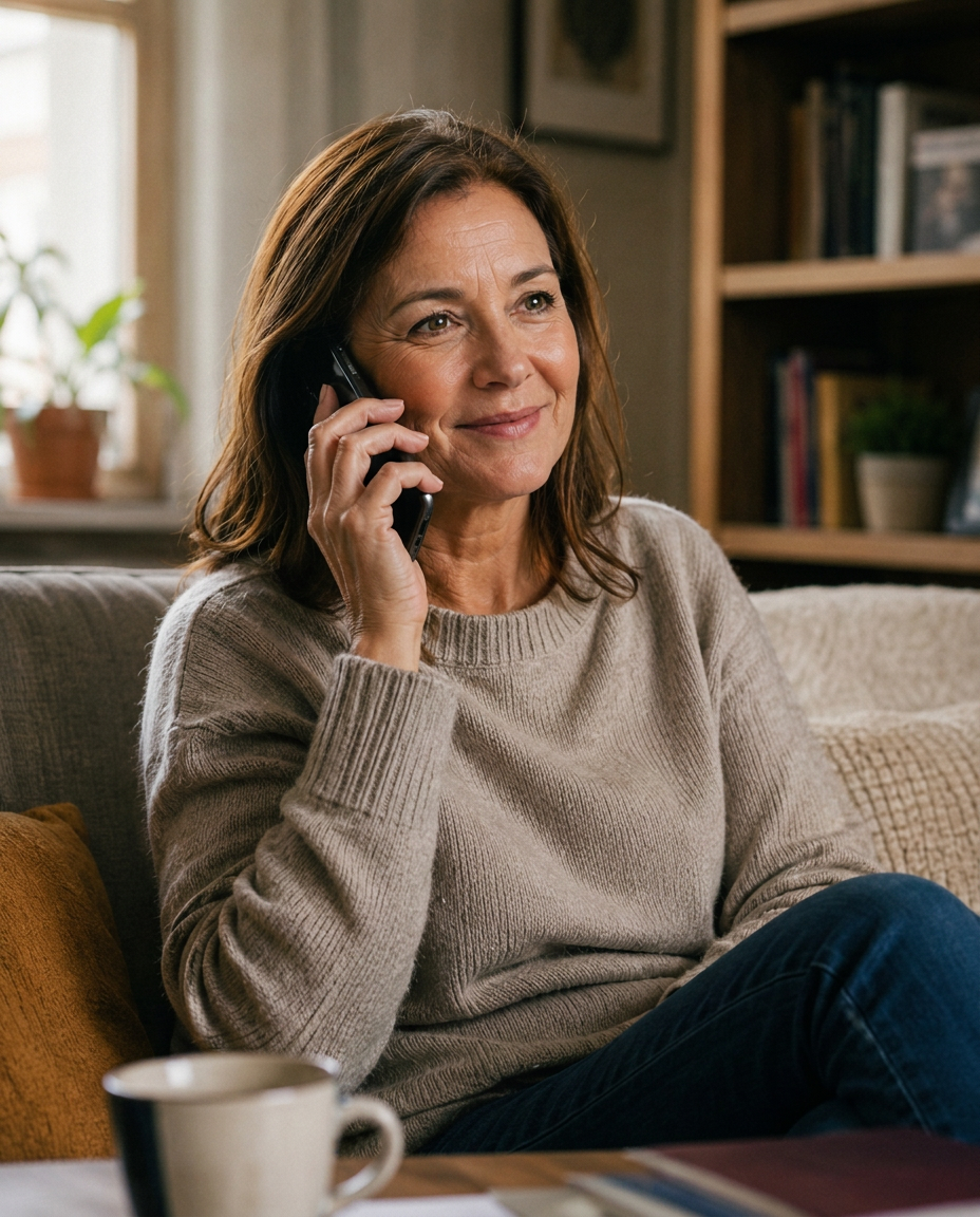 Person som har ett personligt telefonsamtal hemma.