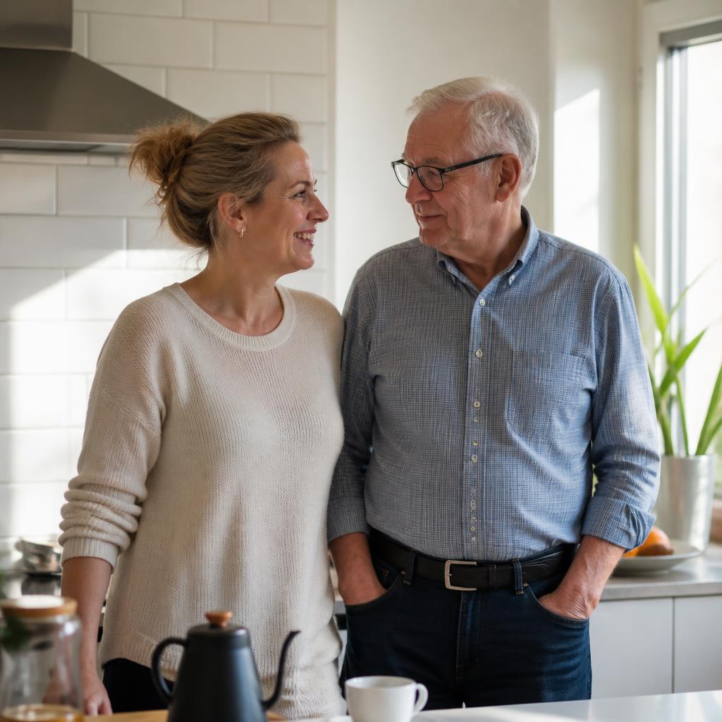 Vuxen dotter och hennes pappa som pratar i ett kök.